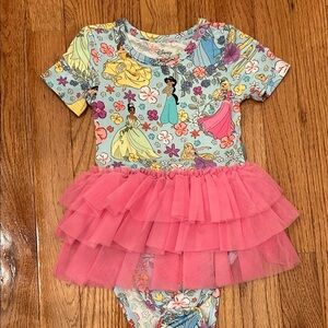 Like New Posh Peanut Princess Print with Pink Tulle Bodysuit Dress-2T